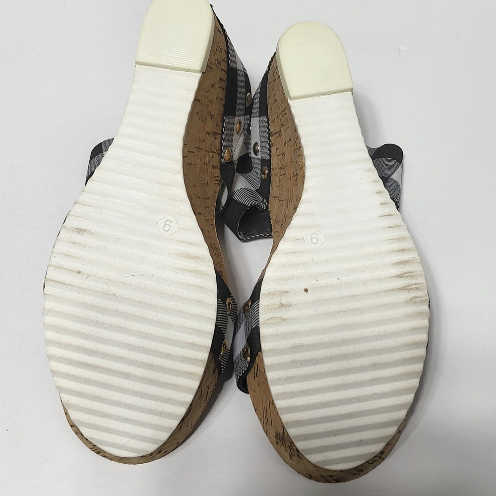 Comfort Est 1946 Womens Buffalo Plaid Cork Wedge Platform Sandals Black White 9 - Picture 9 of 10
